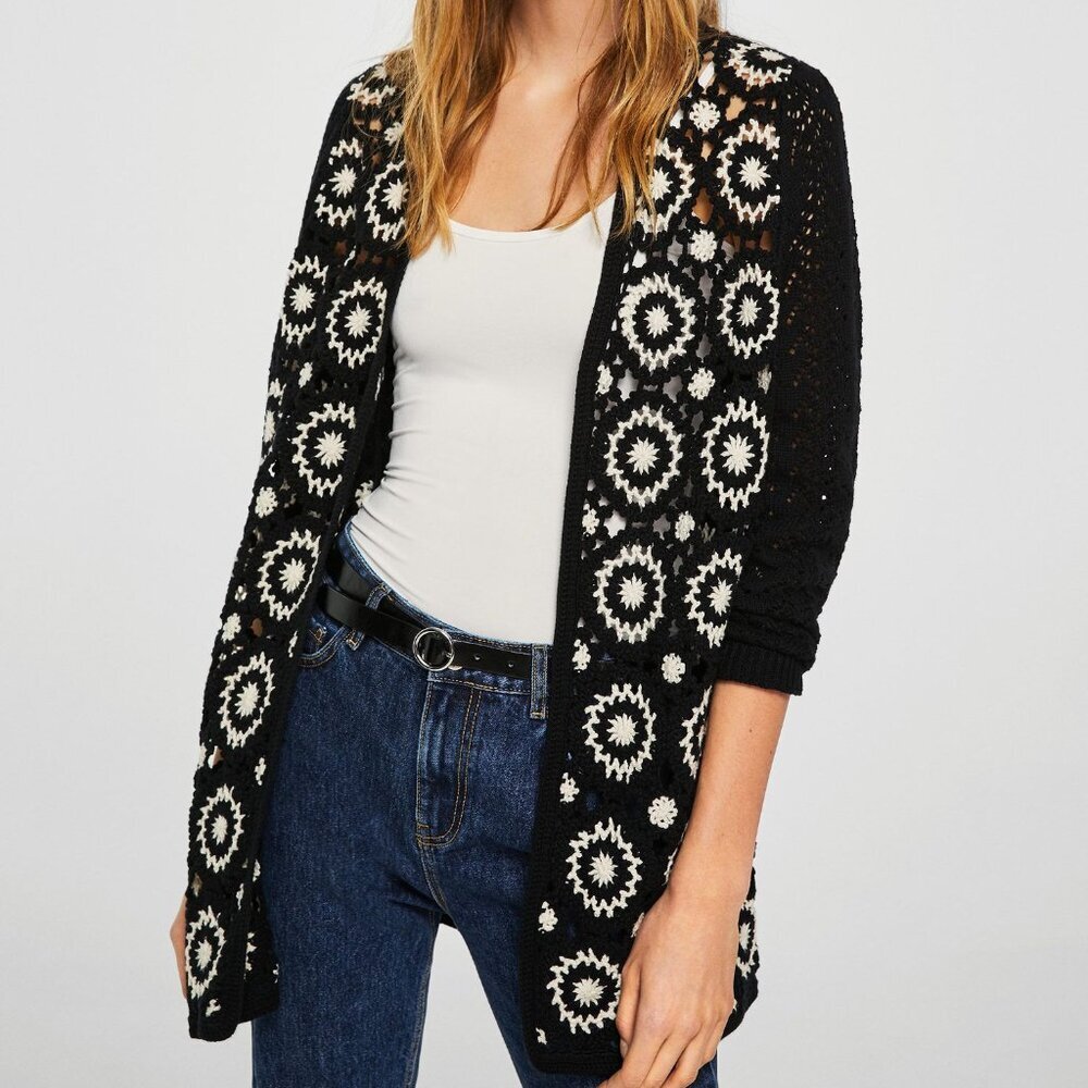 Crochet Cardigan Retro Boho Hippie Starburst Pattern, Open Front Size 12 New